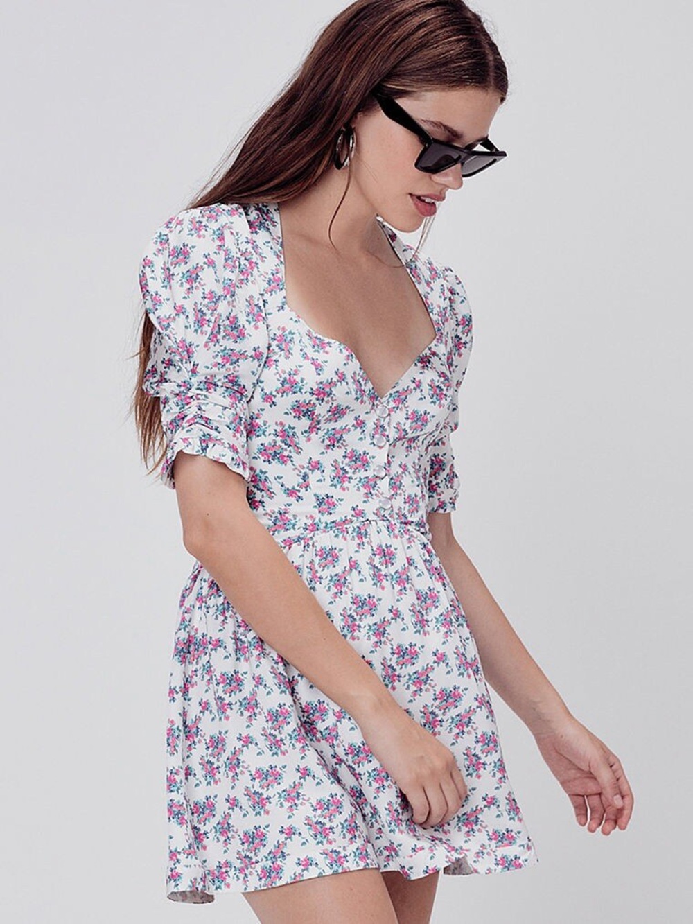 For Love & Lemons White Mini Dress with Pink & Blue Floral Print
